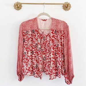 Free People Floral Open Kimono Balloon Sleeve Top